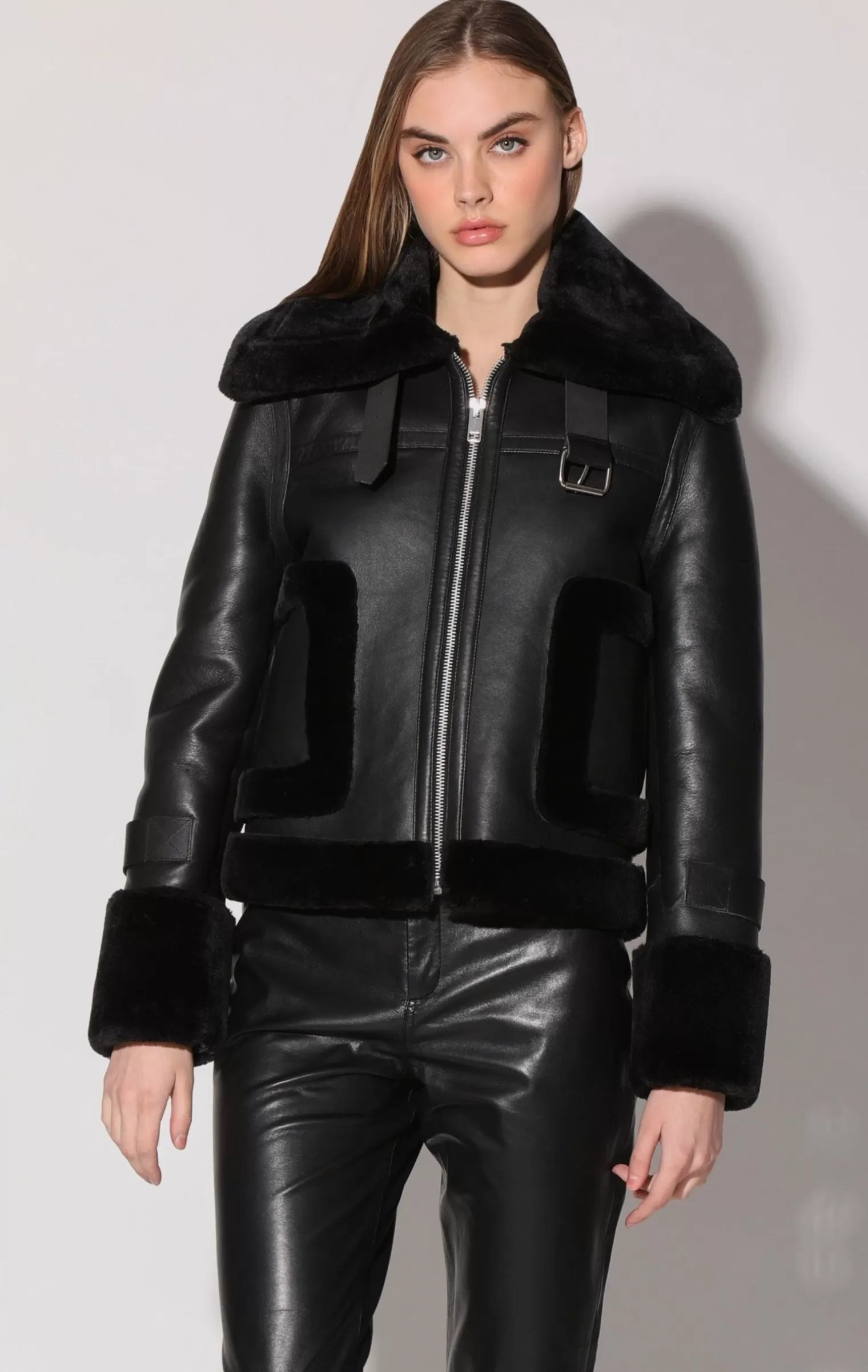 Walter Baker Lianna Jacket, Black Leather/ Black Fur>Women Leather