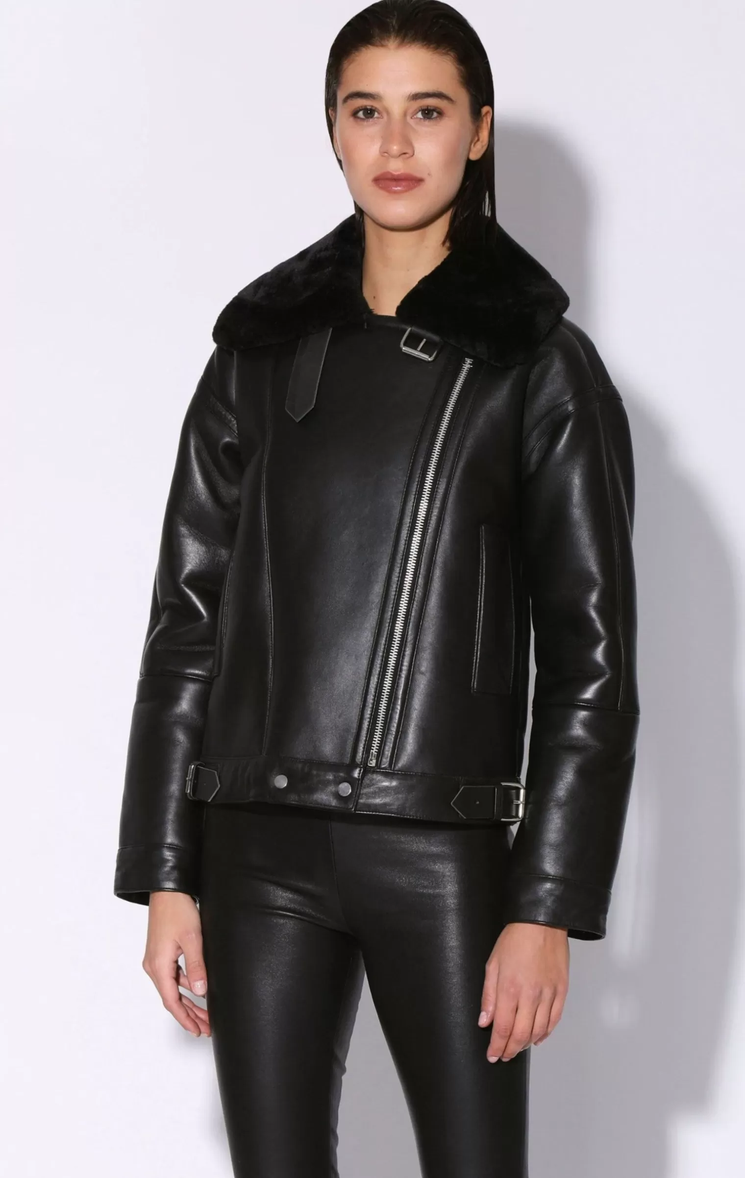 Walter Baker Mariah Jacket, Black Leather Black Fur-Leather Shearling>Women Leather