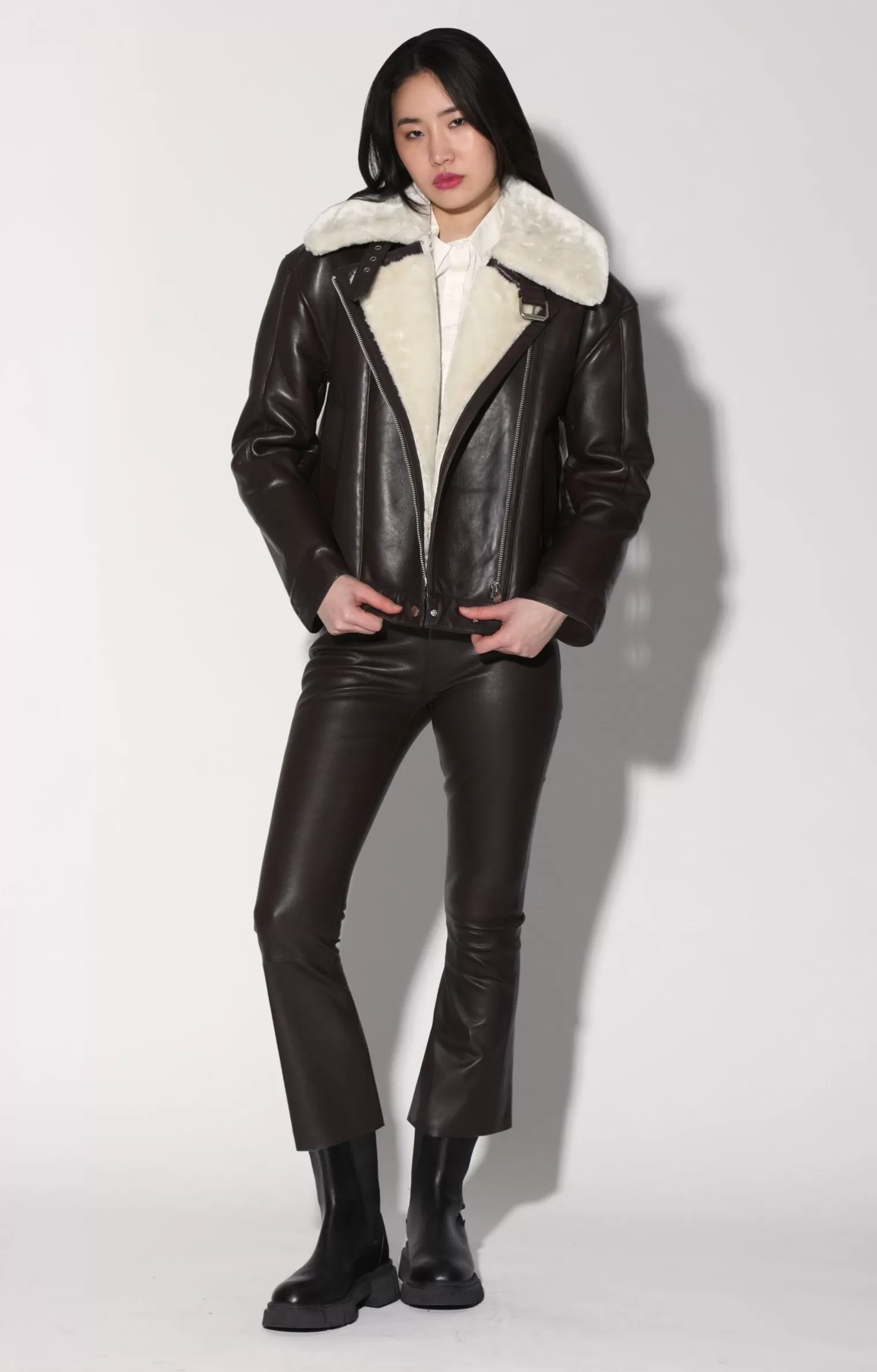 Walter Baker Mariah Jacket, Mocha Leather Off White Fur-Leather Shearling>Women Jackets